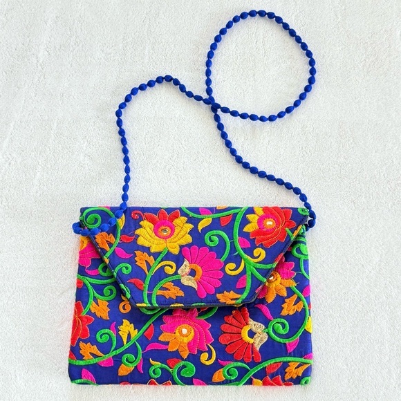 Vibrant Floral Embroidered Crossbody Purse with Beaded Boho Style Art - Picture 1 of 7